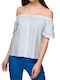 Silvian Heach Sihe Sh Women's Summer Blouse Cotton Off-Shoulder Short Sleeve Striped Blue