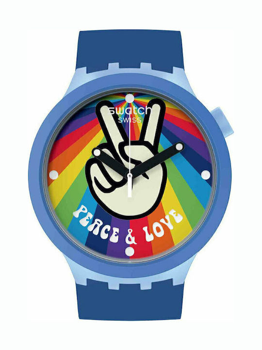 Swatch Pride Peace Hand Love Мъжки Часовник 47мм На Батерия с Син Каучукова Каишка