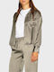 Langärmelig Damen Satin,σατεν Hemd Khaki Monochrom
