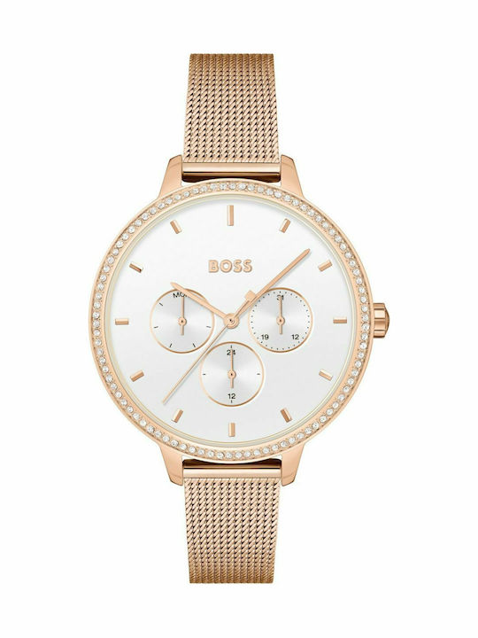 Boss Red Prime Дамски Часовник 40mm Хронограф Кварцов с Розово Злато Метална Верижка