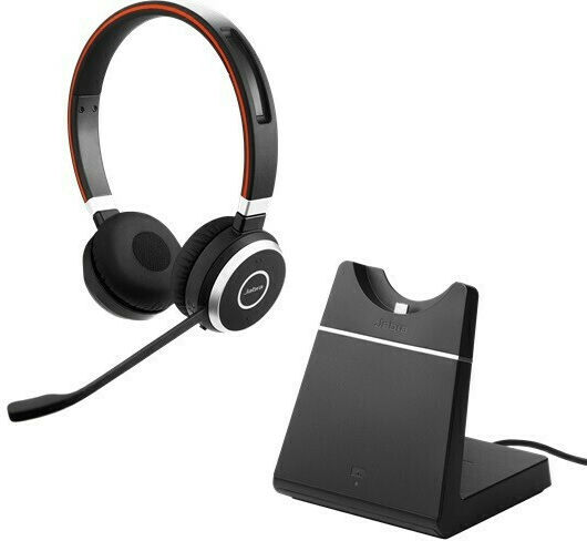 Jabra Evolve 65 SE Stereo UC w/Charging Stand Drahtlos Auf dem Ohr Multimedia-Headsets mit Mikrofon und Verbindung Bluetooth in Schwarz Farbe