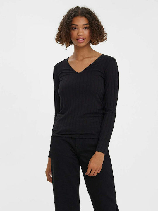 Vero Moda Damen Langarm Pullover mit V-Ausschnitt Schwarz