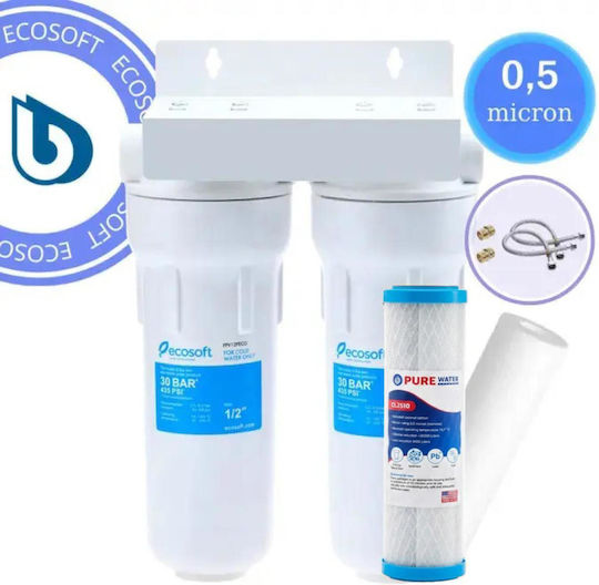 Ecosoft FPV12PECO Double Water Filtration System Under Sink Pipe Cross Section ½ with Replacement Filter Ecosoft PP-10 5μm Purewater CL2510 USA 0,5μm