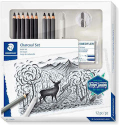 Staedtler Mars Lumograph 100C Set de 9 Creioane Creion de cărbune Moale cu Radieră Negre