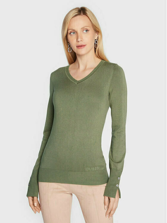 Guess Damen Bluse Langärmelig mit V-Ausschnitt Grün
