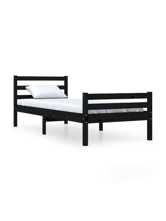 Single Bed Solid Wood with Slats Μαύρο 100x200cm
