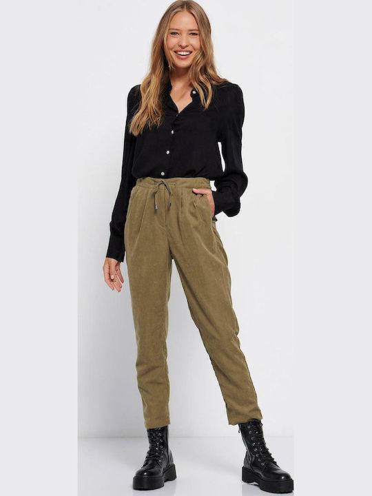 Women's Fabric Trousers with Elastic Regular Fit Deep Forest