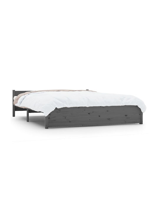 Κρεβάτι Διπλό από Μασίφ Ξύλο Γκρι με Τάβλες για Στρώμα 140x190cm