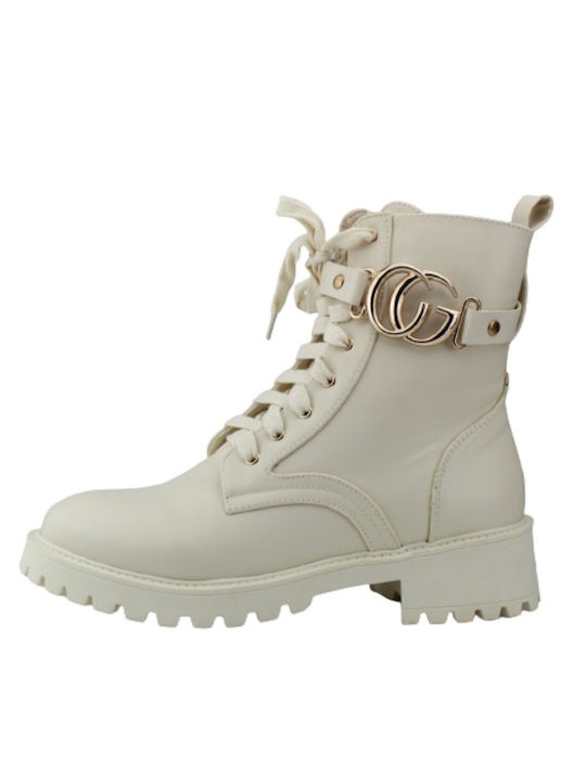 Ankle boot with gold buckle and zipper Beige