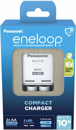 Panasonic Eneloop Compact BQ-CC50 Încărcător 2 Baterii Ni-MH Dimensiune AA Set cu 2x AA 2000mAh în culoarea Alb