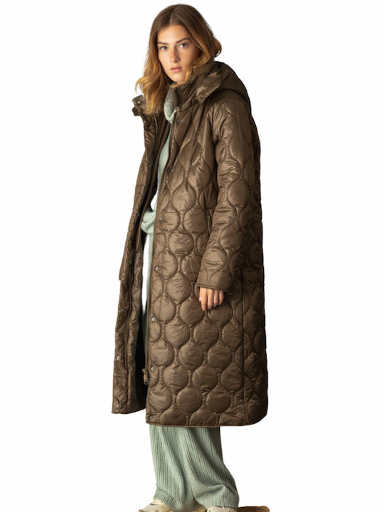 Biston Women's Long Puffer Jacket for Winter with Hood Khaki