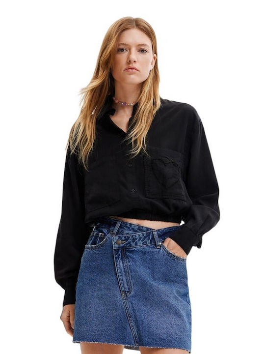 Desigual Top de Damă Crop cu Mânecă Lungă Negru