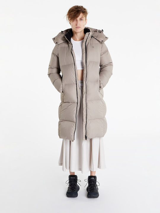 Calvin Klein Μακρύ Γυναικείο Puffer Μπουφάν για Χειμώνα Taupe
