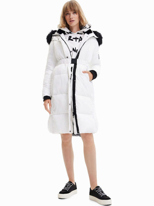 Noruega Lang Damen Puffer Jacke mit pelziger Kapuze für Winter Weiß