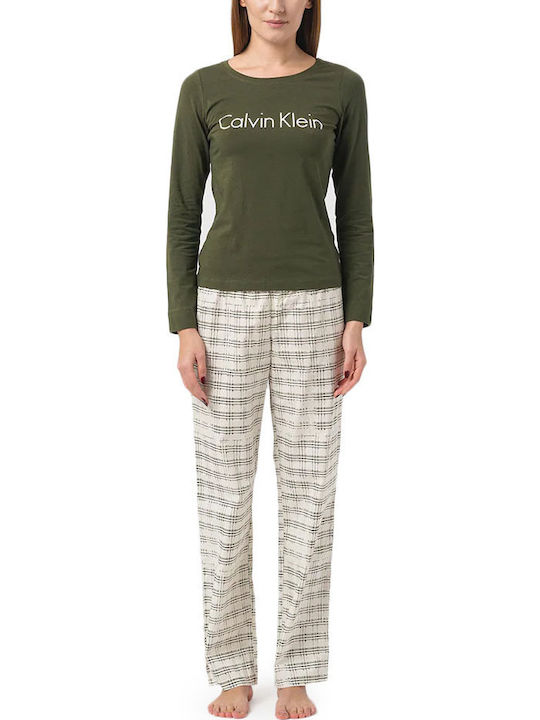 Calvin Klein Χειμερινό Γυναικείο Σετ Πιτζάμας Βαμβακερό Χακί
