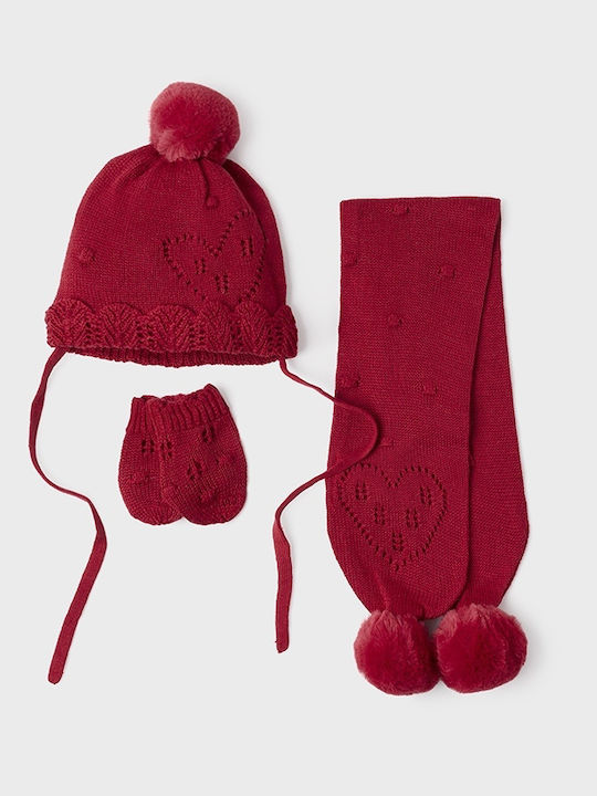 Kinder Mütze Set mit Handschuhe Gestrickt Burgundisch