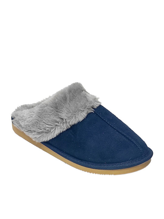 B-Soft Slippers with Fur Navy Blue