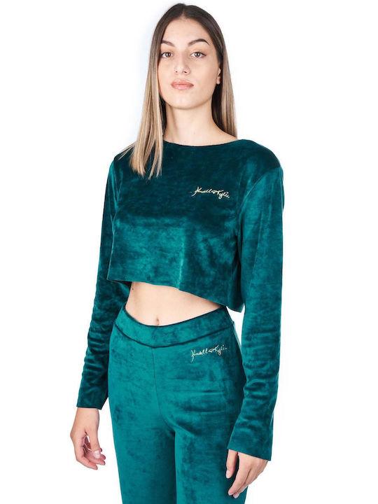 Kendall + Kylie Women's Crop Top Velvet Long Sleeve Green