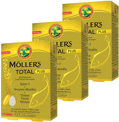 Moller's Total Plus Ιχθυέλαιο Ωμέγα 3 84 ταμπλέτες + Βιταμίνες & Μέταλλα, Τζίνσενγκ, Ροδιόλα & Κράταιγος 84 κάψουλες