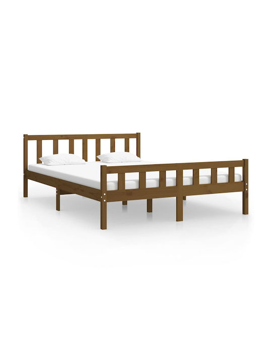 Double Bed Solid Wood with Slats Καφέ Μελί 150x200cm