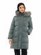 Biston Lang Damen Puffer Jacke mit pelziger Kapuze für Winter Grün