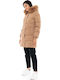 Lang Damen Puffer Jacke mit pelziger Kapuze für Winter Camel