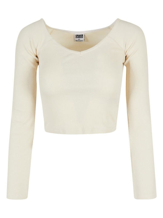 Urban Classics Women's Crop Top Long Sleeve with V Neckline White