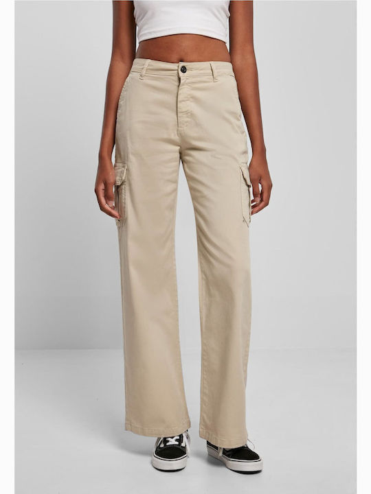 Women's High-waisted Fabric Cargo Trousers Straight Line Beige