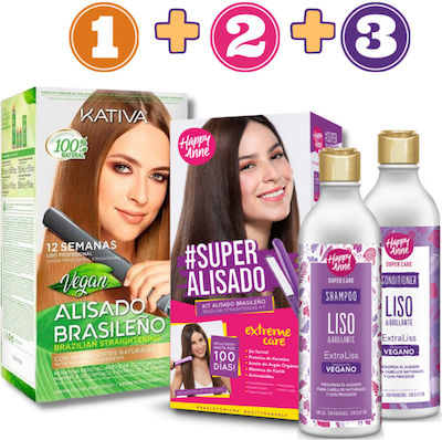 Kativa Vegan Straightening Kit 225ml, Straightening Kit By Kativa 80ml & Post Treatment Shampoo & Conditioner 340ml Set de îngrijire a părului cu keratină pentru îndreptare cu Șampon și Balsam