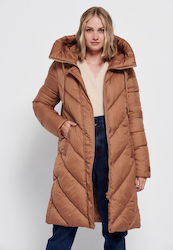 Funky Buddha Women's Long Puffer Jacket for Winter with Hood Brown
