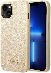 Guess Glitter Flakes Script Metal Logo Silicone Back Cover Gold (iPhone 14 Plus)