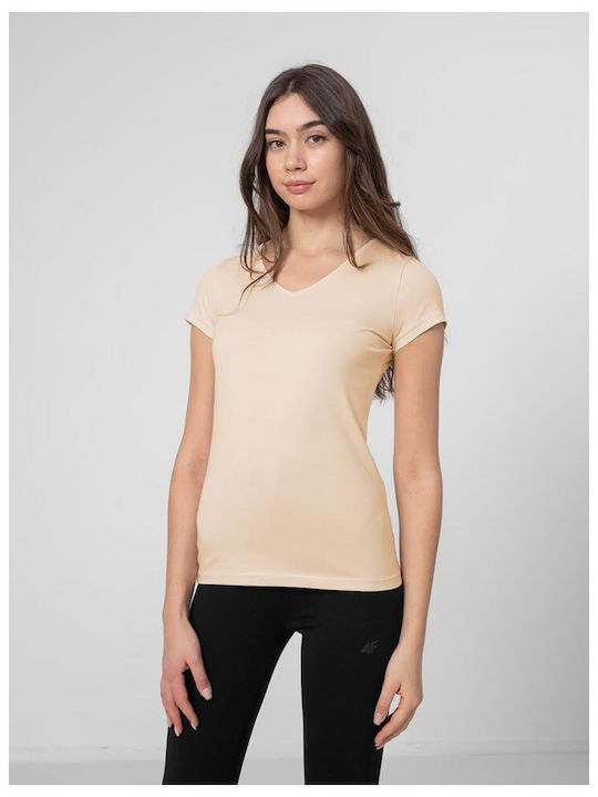 4F Damen T-shirt mit V-Ausschnitt Beige