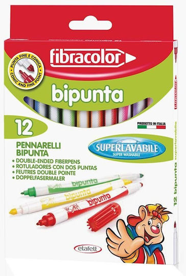 Fibracolor Bipunta Μαρκαδόροι Ζωγραφικής Νερού 6mm Λεπτοί, με Διπλή Μύτη, Πλενόμενοι Σετ 12 Χρώματα (12 Συσκευασίες)