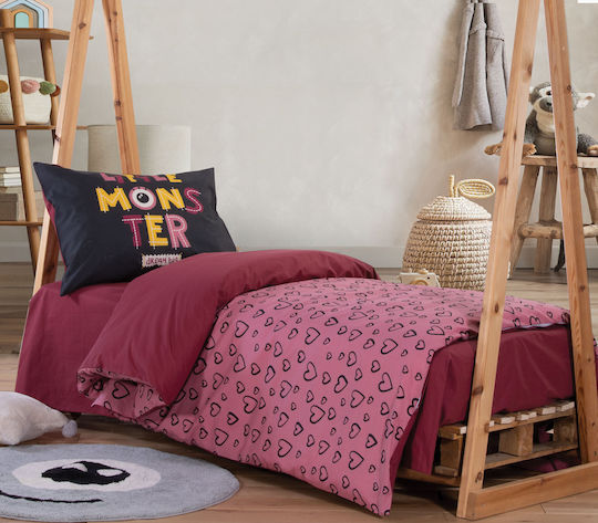 Nef-Nef Homeware Little Monsters Hearts Σετ Παιδική Παπλωματοθήκη Μονή με Μαξιλαροθήκη Βαμβακερή Coral 160x240εκ.