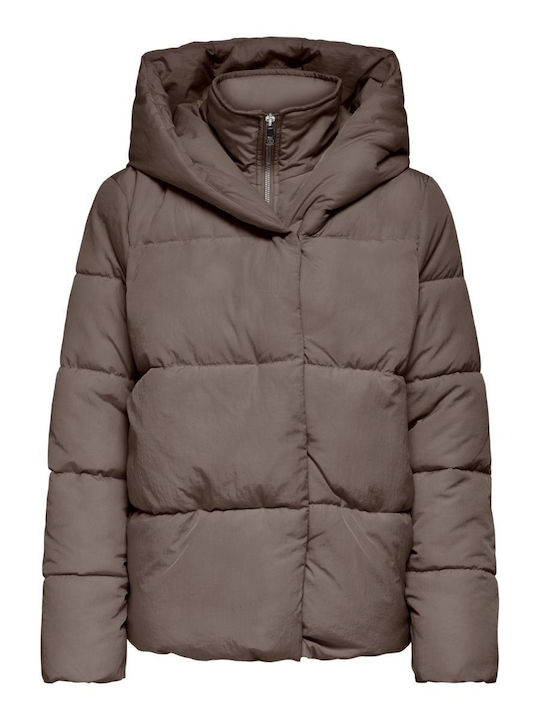 Only Women's Short Puffer Jacket for Winter with Hood Gray