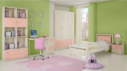Kids Bedroom Set Rodos Pink Natural Anegre 4pcs with Bed for Mattress 90x190cm