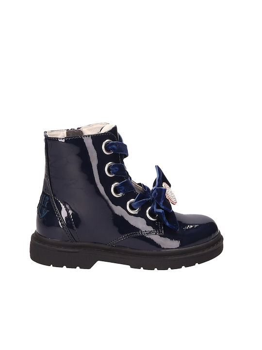 Lelli Kelly Fior Di Fiocco Kids Patent Leather Anatomic Military Boots with Zipper Navy Blue