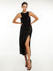 Midi Evening Dress Satin with Slit Black