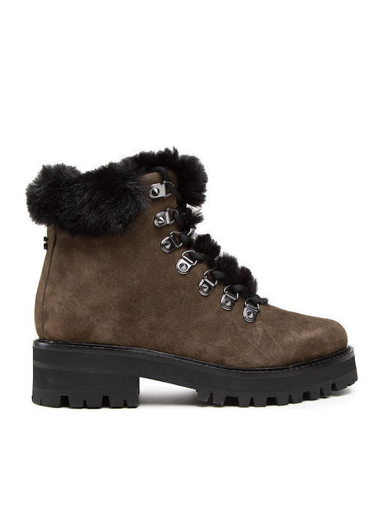 Suede Women's Ankle Boots with Fur Khaki