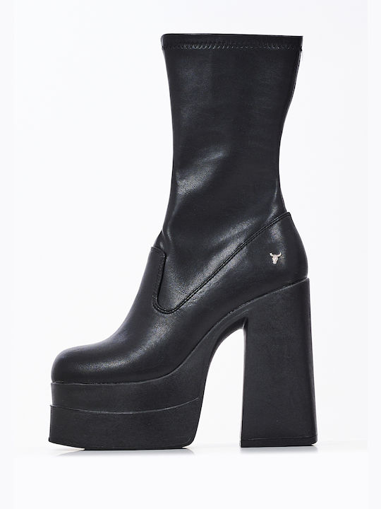 Windsor Smith Inferno Δερμάτινες Γυναικείες Μπότες με Μεσαίο Τακούνι Μαύρες