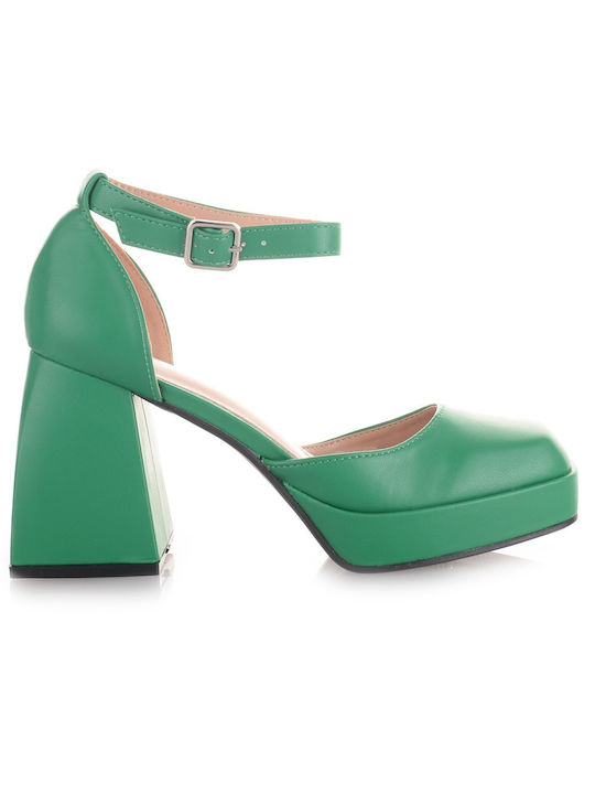 Famous Shoes Δερμάτινες Γόβες με Λουράκι & Χοντρό Ψηλό Τακούνι Πράσινες