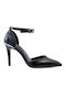Exe Leather Pointed Toe Black Heels with Strap