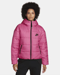 Nike Therma Fit Women's Short Puffer Jacket for Winter with Hood Fuchsia