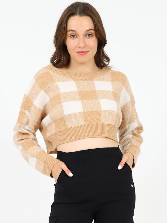 Women's Crop Top Long Sleeve Checked Beige