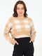 Women's Crop Top Long Sleeve Checked Beige