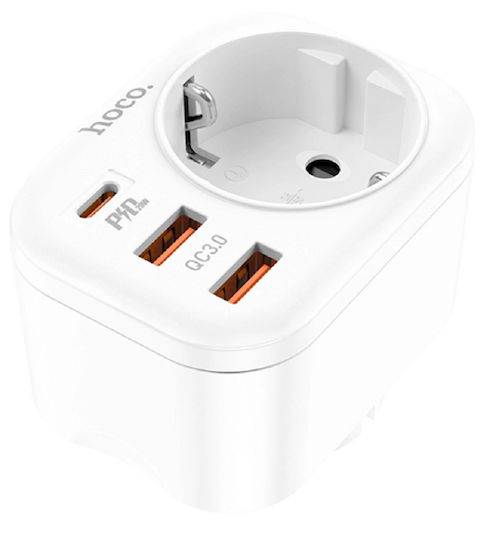 Hoco Φορτιστής Χωρίς Καλώδιο με 2 Θύρες USB-A και Θύρα USB-C 20W Power Delivery / Quick Charge 3.0 Λευκός (NS3)