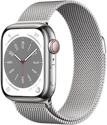 Apple Watch Series 8 Cellular Stainless Steel 41mm Αδιάβροχο με eSIM και Παλμογράφο (Silver with Silver Milanese Loop)