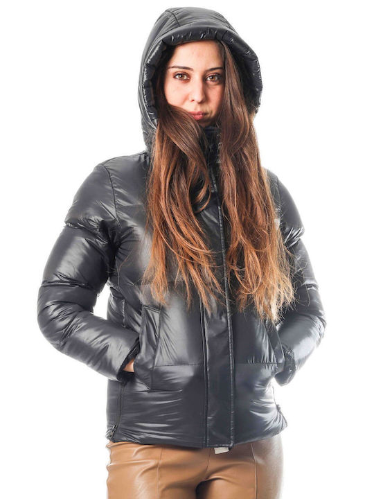 Kurz Damen Puffer Jacke für Winter Schwarz