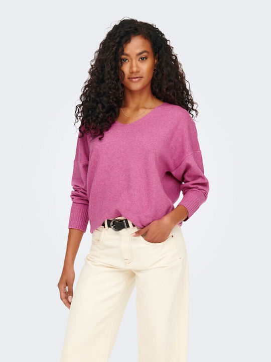 Only Women's Long Sleeve Pullover with V Neck Fuchsia