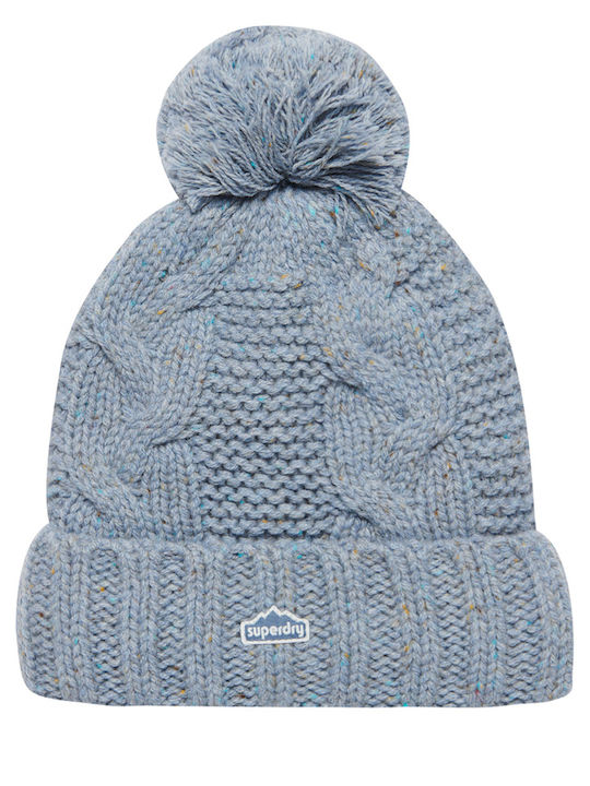 Cable Knit Bobble Pom Pom Beanie Γυναικείος Σκούφος με Πλεξούδες Soft Blue Tweed